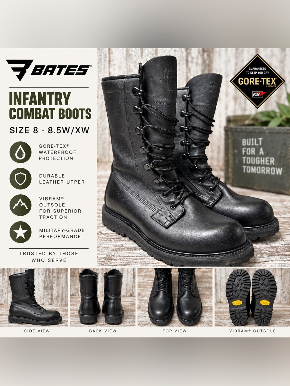 Bates GORE-TEX Infantry Combat Boots Black Leather Vibram Men’s Size 8-8.5 W/XW